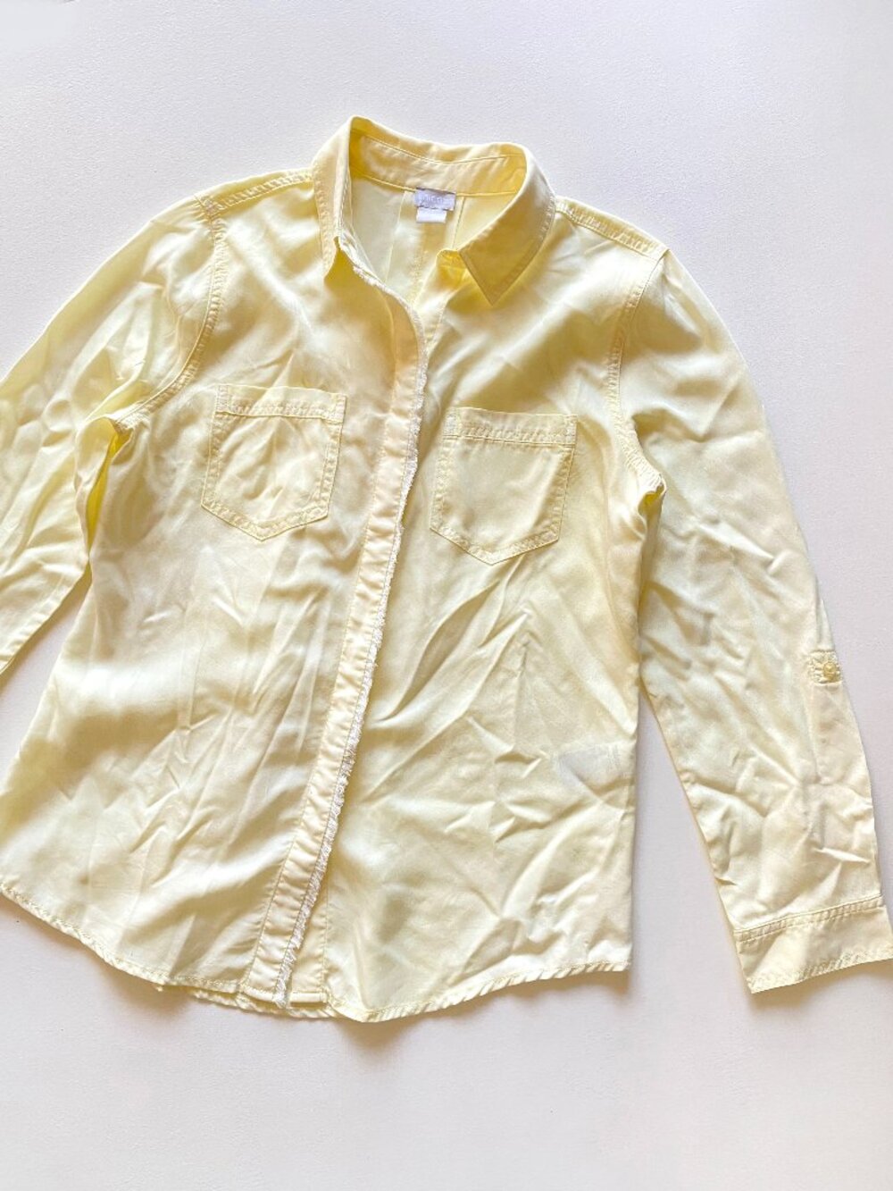 Chico's Button-Up Shirt Womens Size 1 Yellow Roll Tab Sleeve Casual Tencel